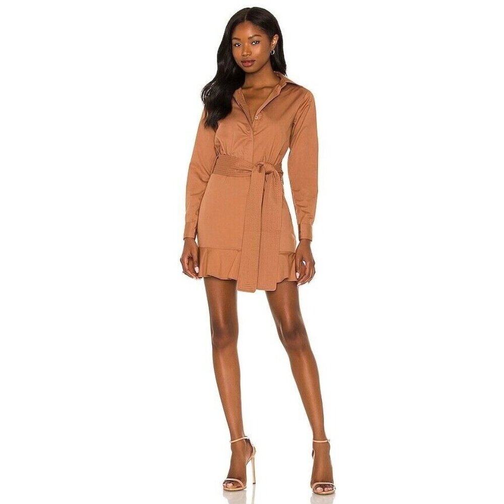 Karina Grimaldi Sandrinne Mini Dress in Caramel Brown Tie Belt